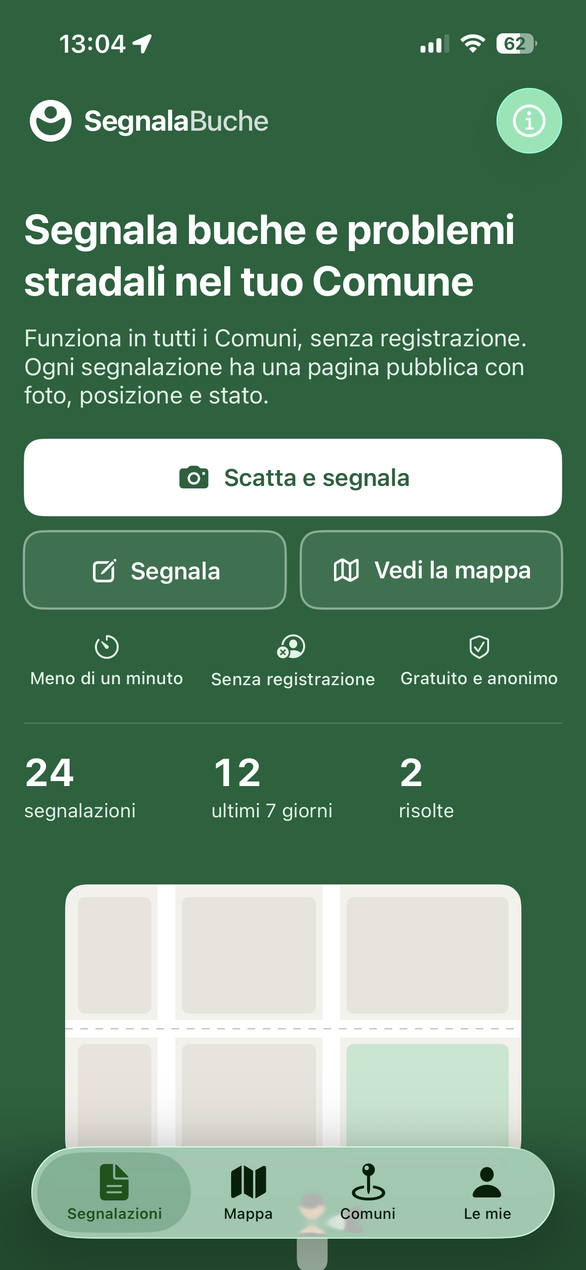 Schermata di segnalazione dell'app SegnalaBuche: foto, posizione e tipo di problema